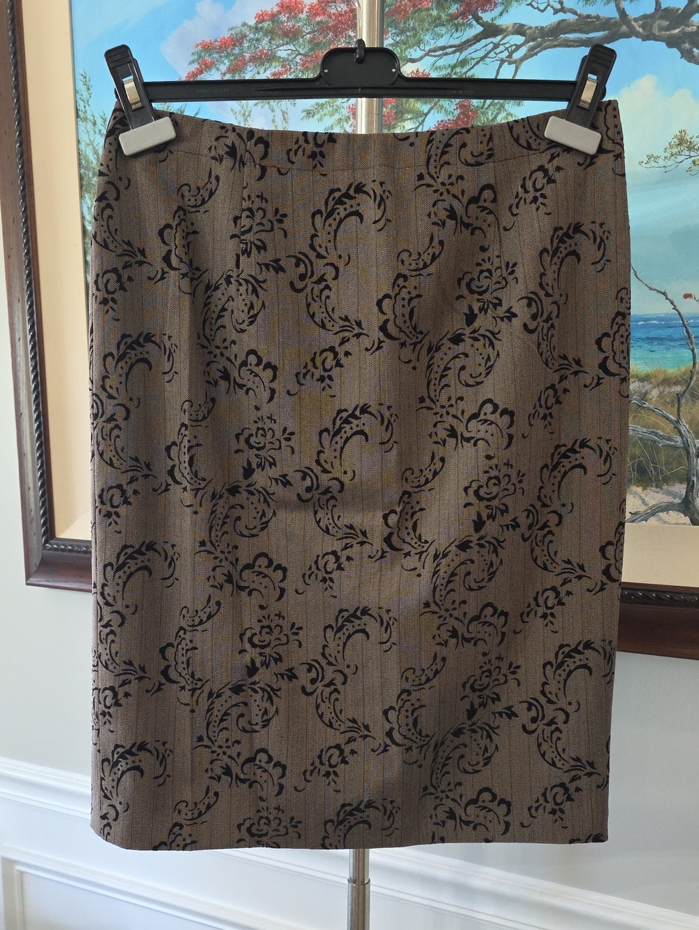 Tailored Brown Floral-Scroll Pencil Skirt